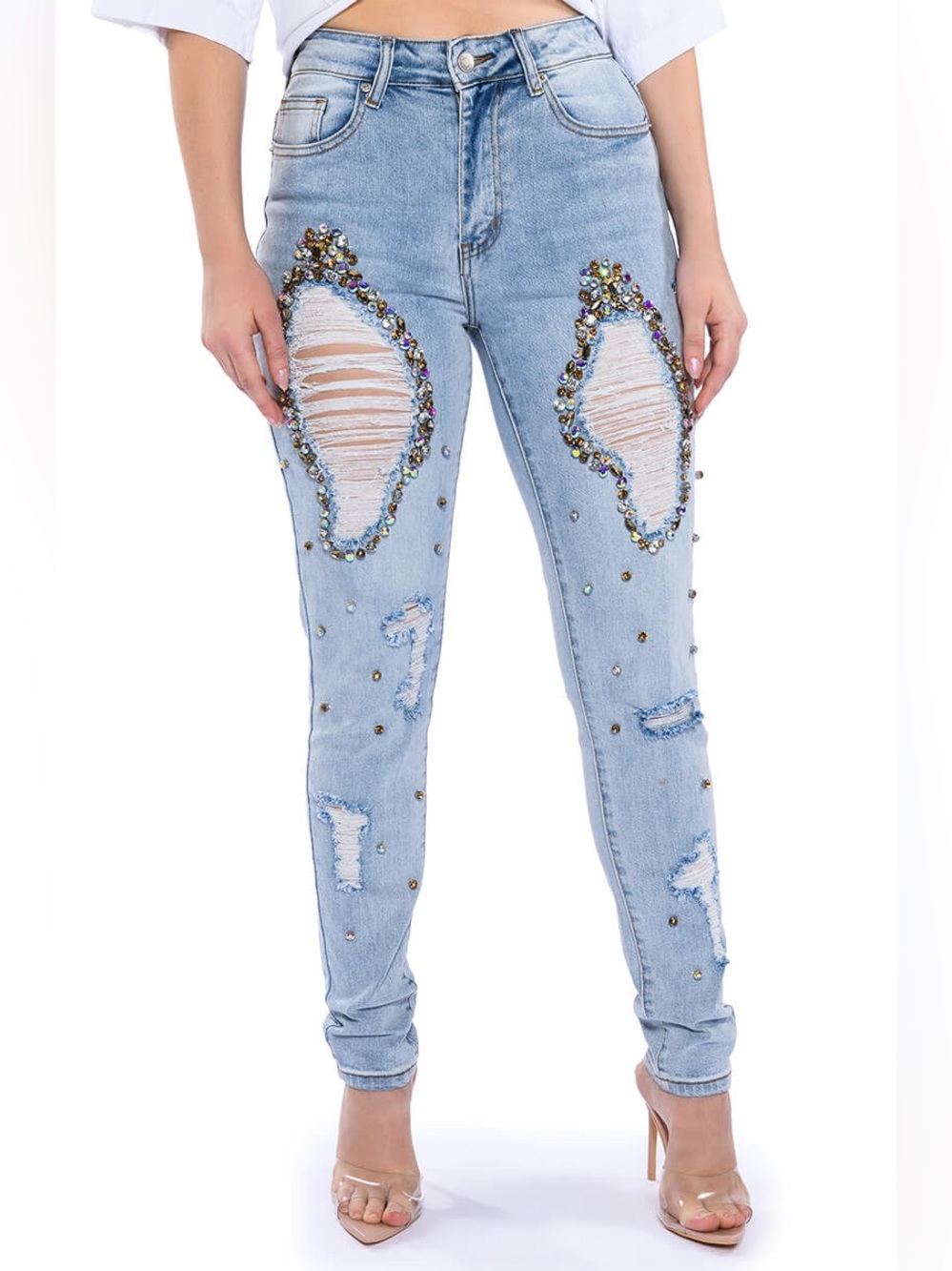 AKIRA Light Blue Jeweled Distressed Skinny Jeans